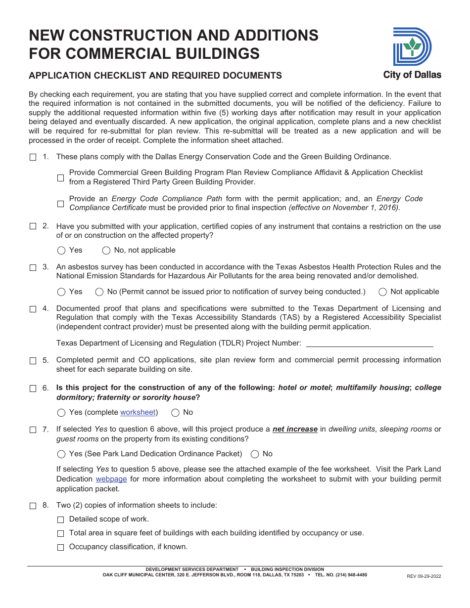 New Construction and Additions for Commercial Buildings Application Checklist - City of Dallas, Texas, Page 1
