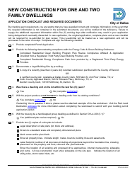 Document preview: New Construction for One and Two Family Dwellings Application Checklist - City of Dallas, Texas
