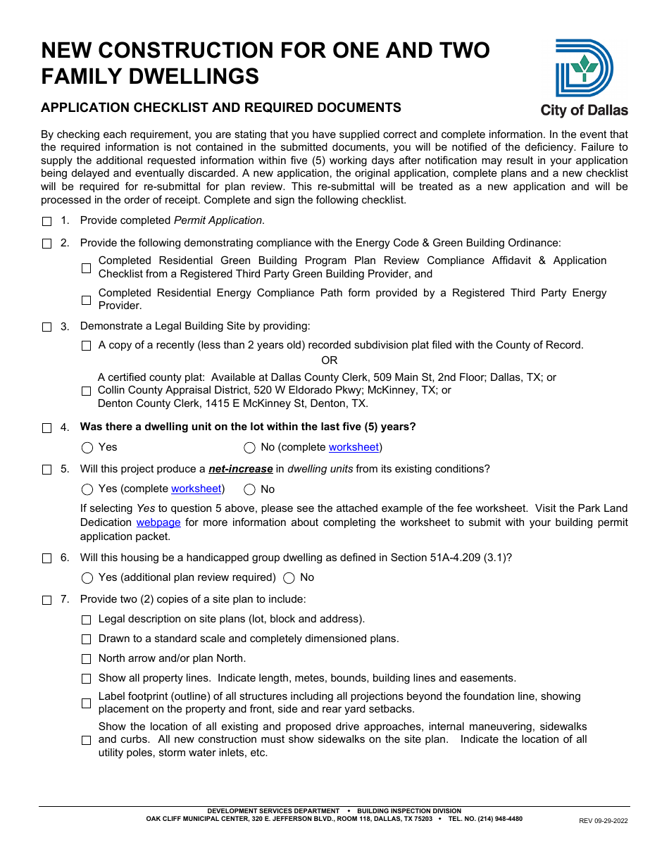 New Construction for One and Two Family Dwellings Application Checklist - City of Dallas, Texas, Page 1