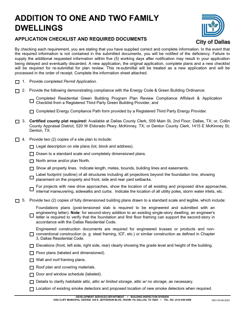 Addition to One and Two Family Dwellings Application Checklist - City of Dallas, Texas