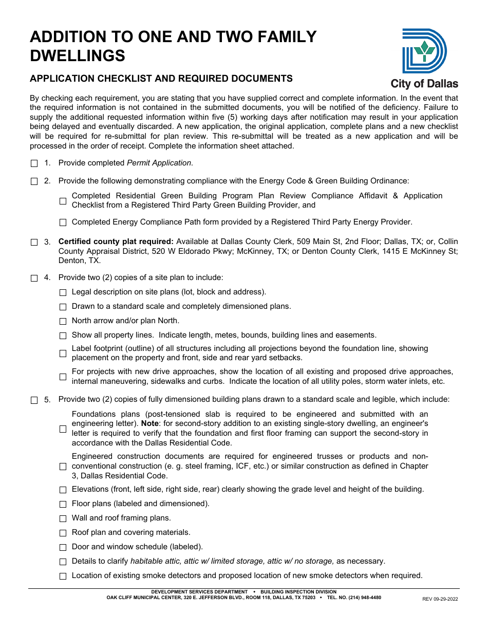 Addition to One and Two Family Dwellings Application Checklist - City of Dallas, Texas, Page 1