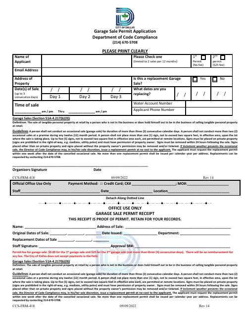 Form CCS-FRM-418 Garage Sale Permit Application - City of Dallas, Texas