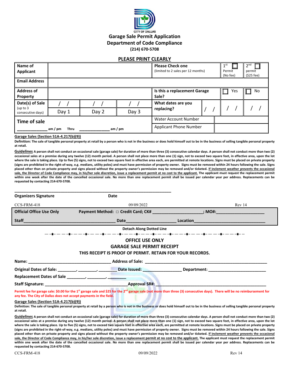 Form CCS-FRM-418 Garage Sale Permit Application - City of Dallas, Texas, Page 1