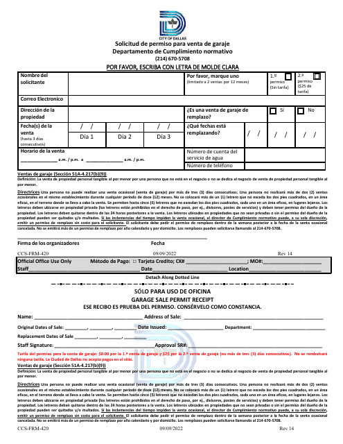 Formulario CCS-FRM-420 Solicitud De Permiso Para Venta De Garaje - City of Dallas, Texas (Spanish)