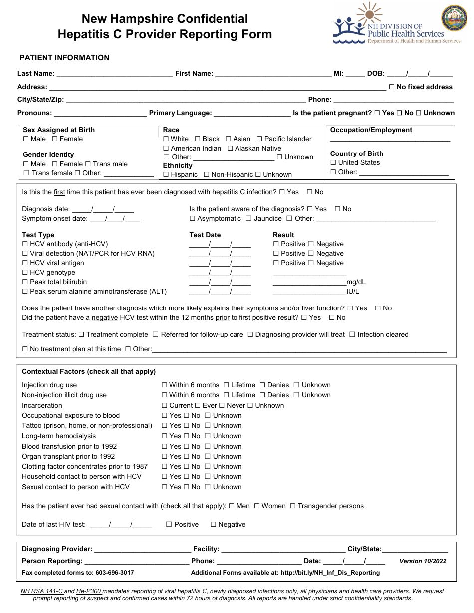 New Hampshire Confidential Hepatitis C Provider Reporting Form - New Hampshire, Page 1