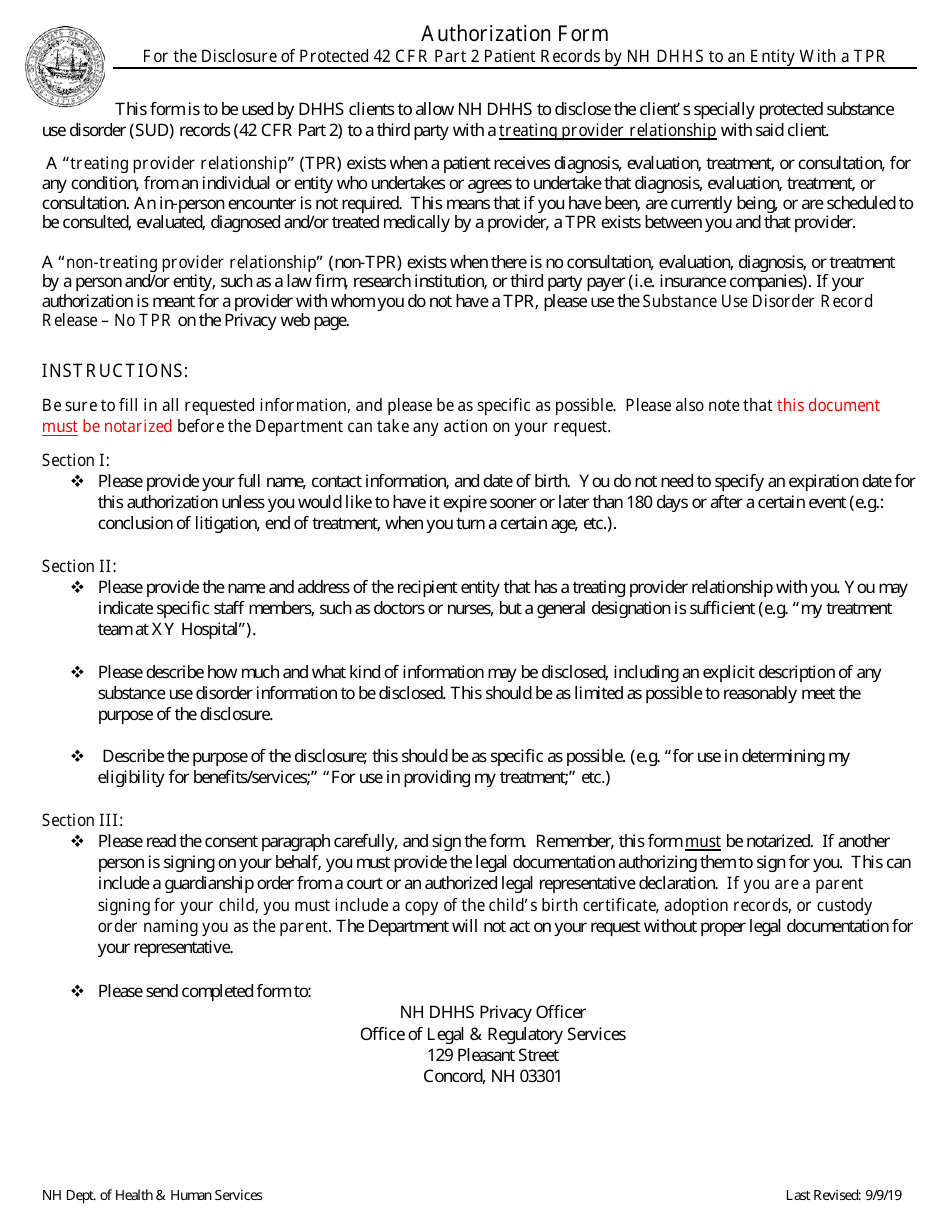 New Hampshire Authorization Form for the Disclosure of Protected 42 Cfr