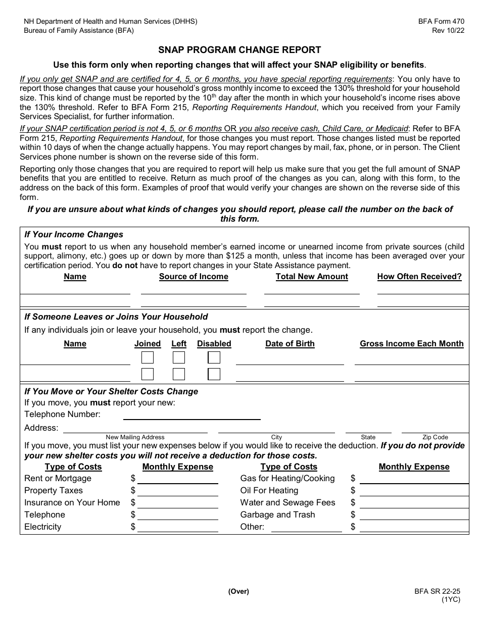 BFA Form 470 Change Report - Snap Program - New Hampshire, Page 1