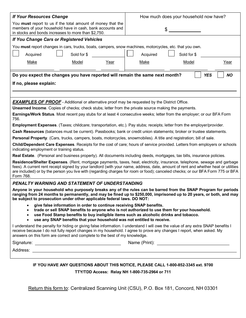 BFA Form 470 Change Report - Snap Program - New Hampshire, Page 3