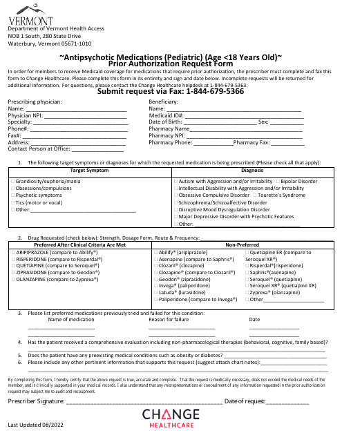 Antipsychotic Medications (Pediatric) (Age 18 Years Old) Prior Authorization Request Form - Vermont Download Pdf