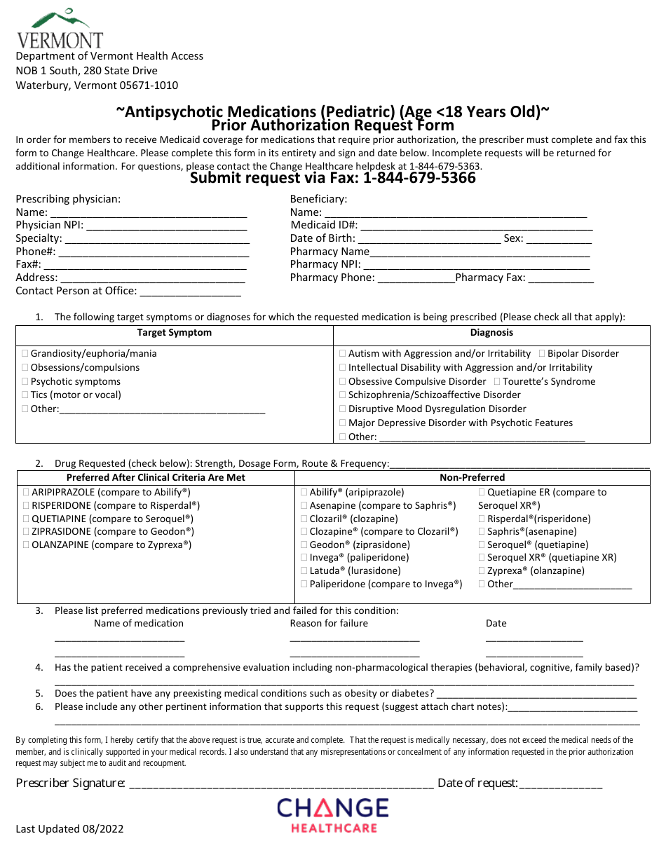 Antipsychotic Medications (Pediatric) (Age 18 Years Old) Prior Authorization Request Form - Vermont, Page 1