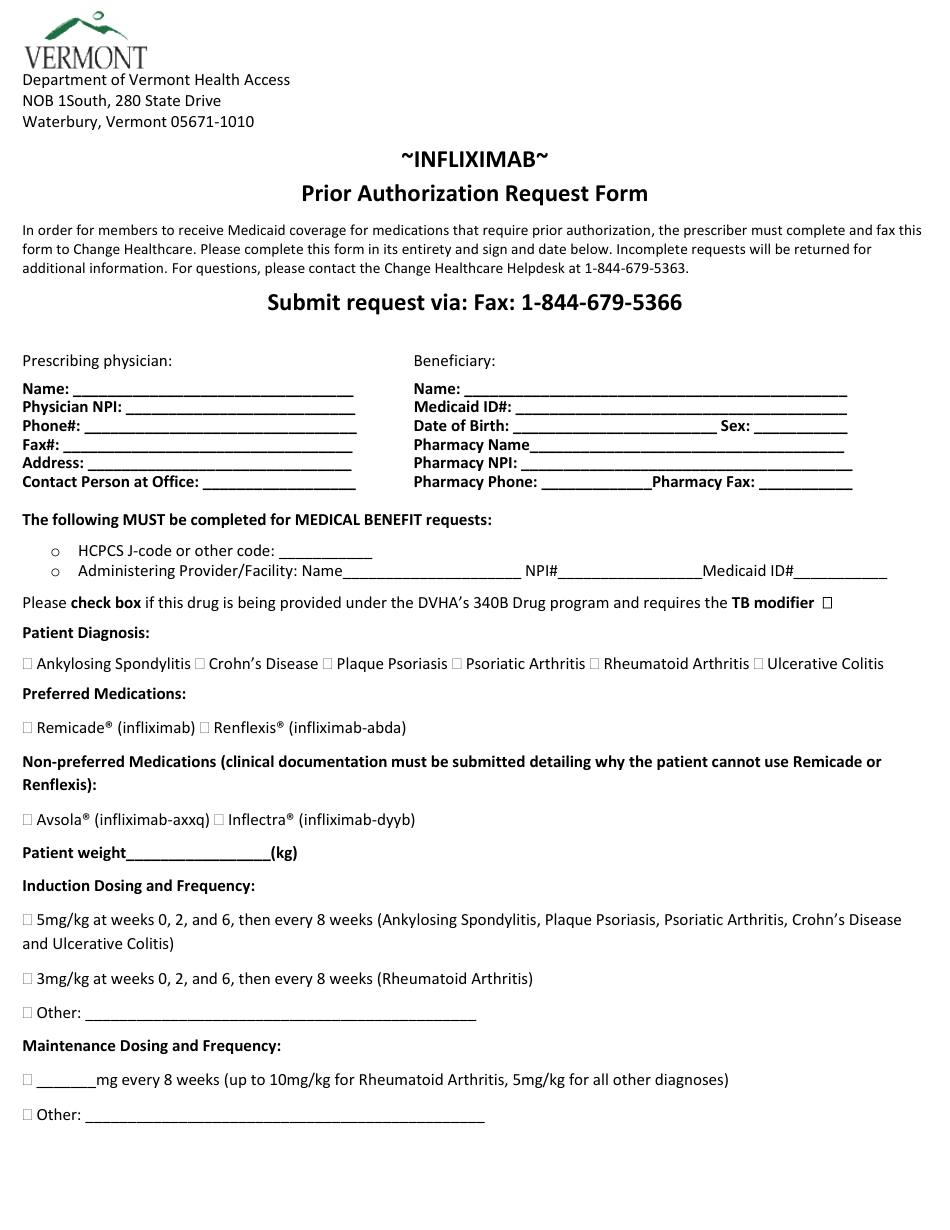 Infliximab Prior Authorization Request Form - Vermont, Page 1