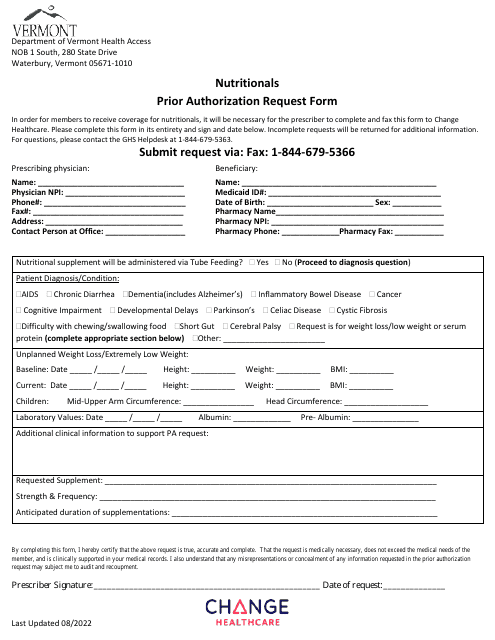 Nutritionals Prior Authorization Request Form - Vermont Download Pdf