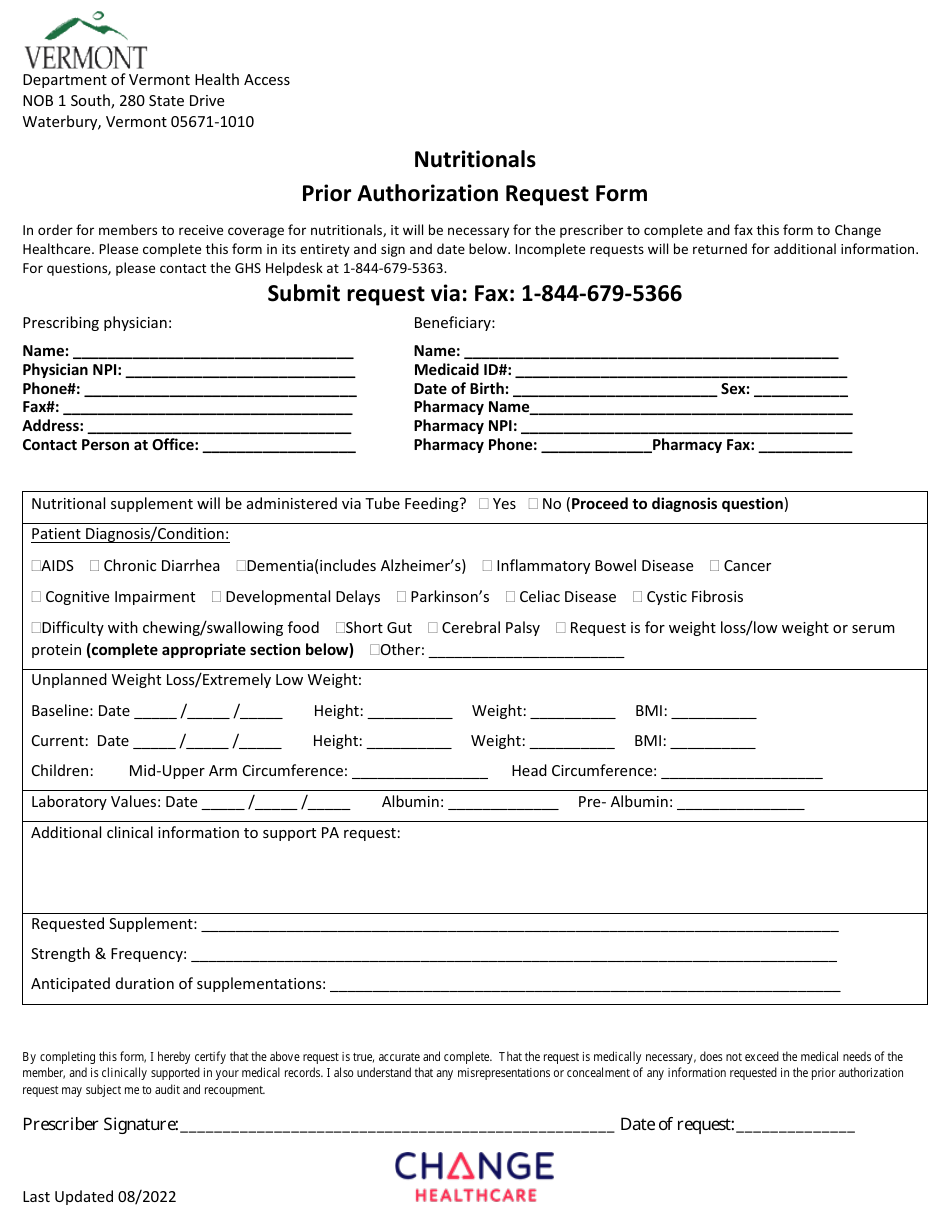 Nutritionals Prior Authorization Request Form - Vermont, Page 1