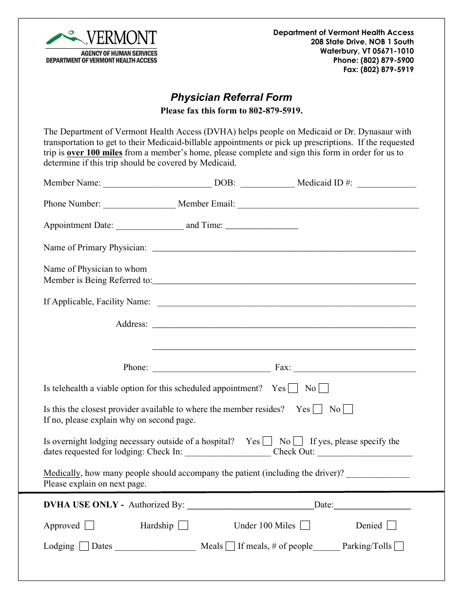 Physician Referral Form - Vermont, Page 1