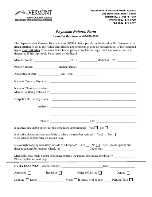 Physician Referral Form - Vermont Download Pdf