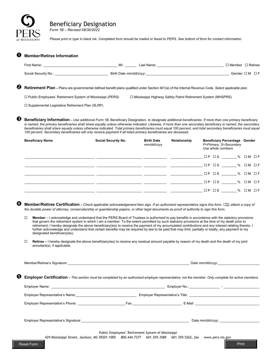 Form 1B Beneficiary Designation - Mississippi, Page 1
