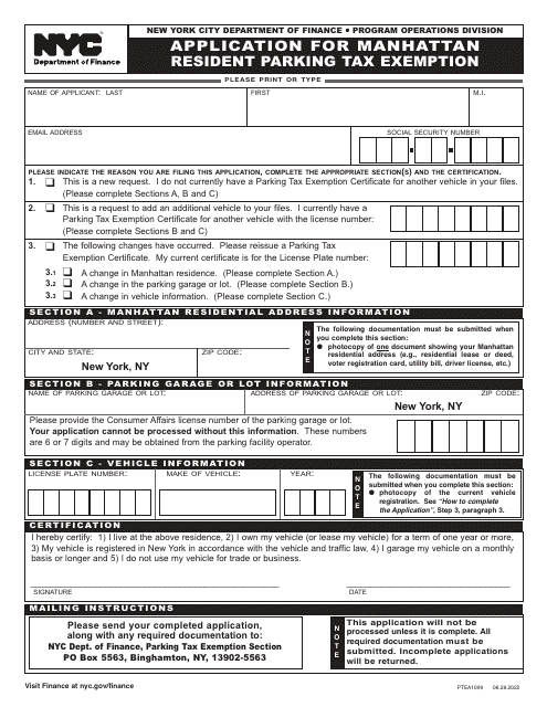 Form PTEA1099 Application for Manhattan Resident Parking Tax Exemption - New York City