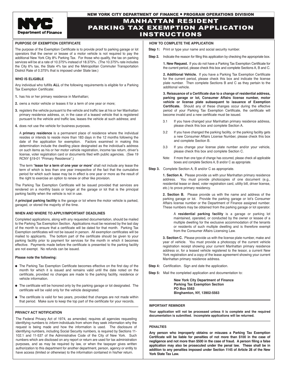 Form PTEA1099 Application for Manhattan Resident Parking Tax Exemption - New York City, Page 2
