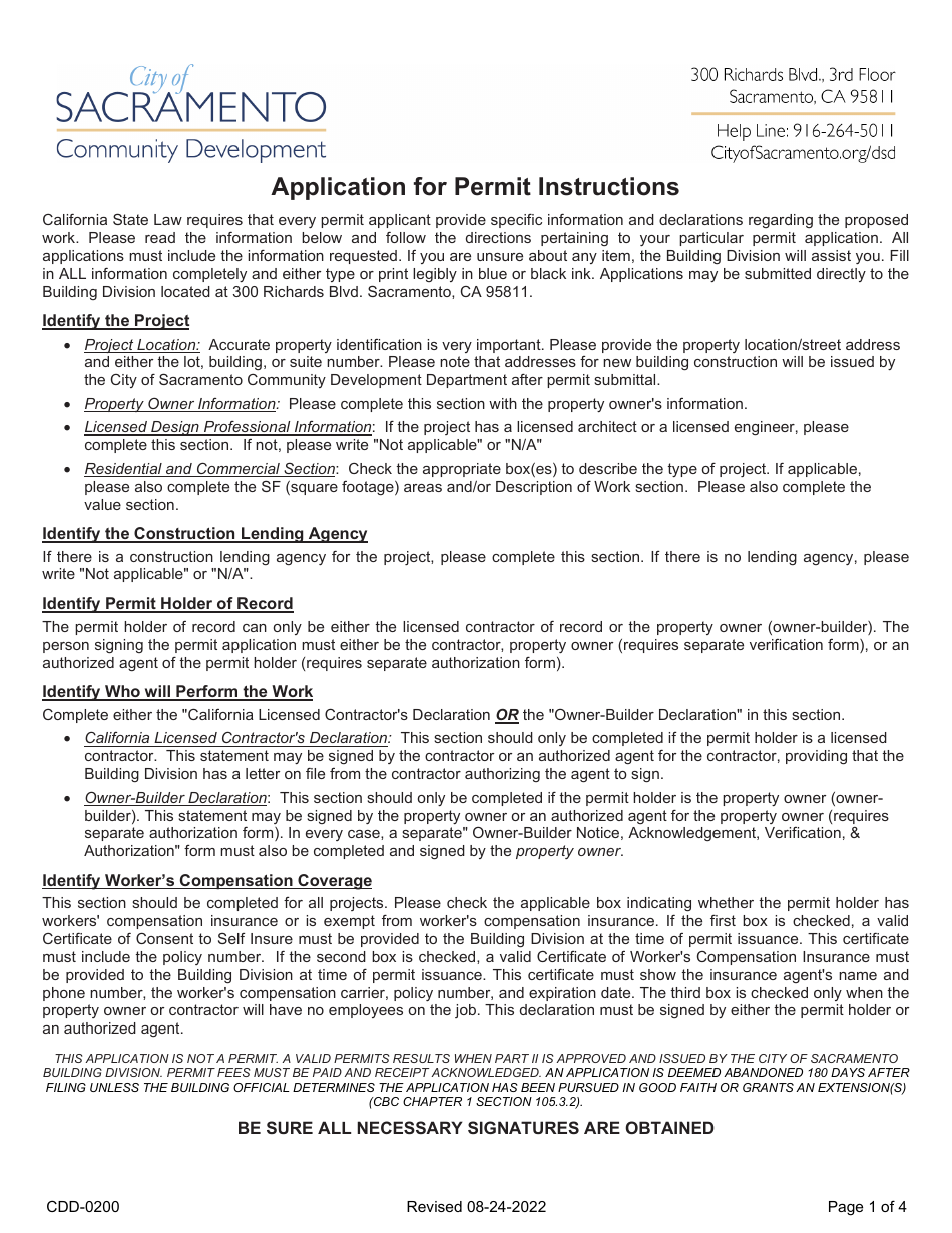 Form CDD-0200 Building Permit Application - City of Sacramento, California, Page 1