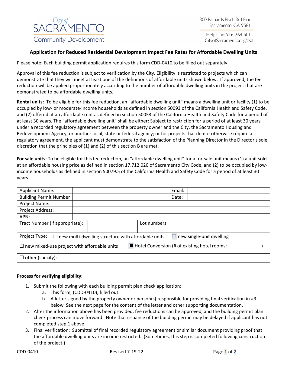 Form CDD-0410 Application for Reduced Residential Development Impact Fee Rates for Affordable Dwelling Units - City of Sacramento, California, Page 1