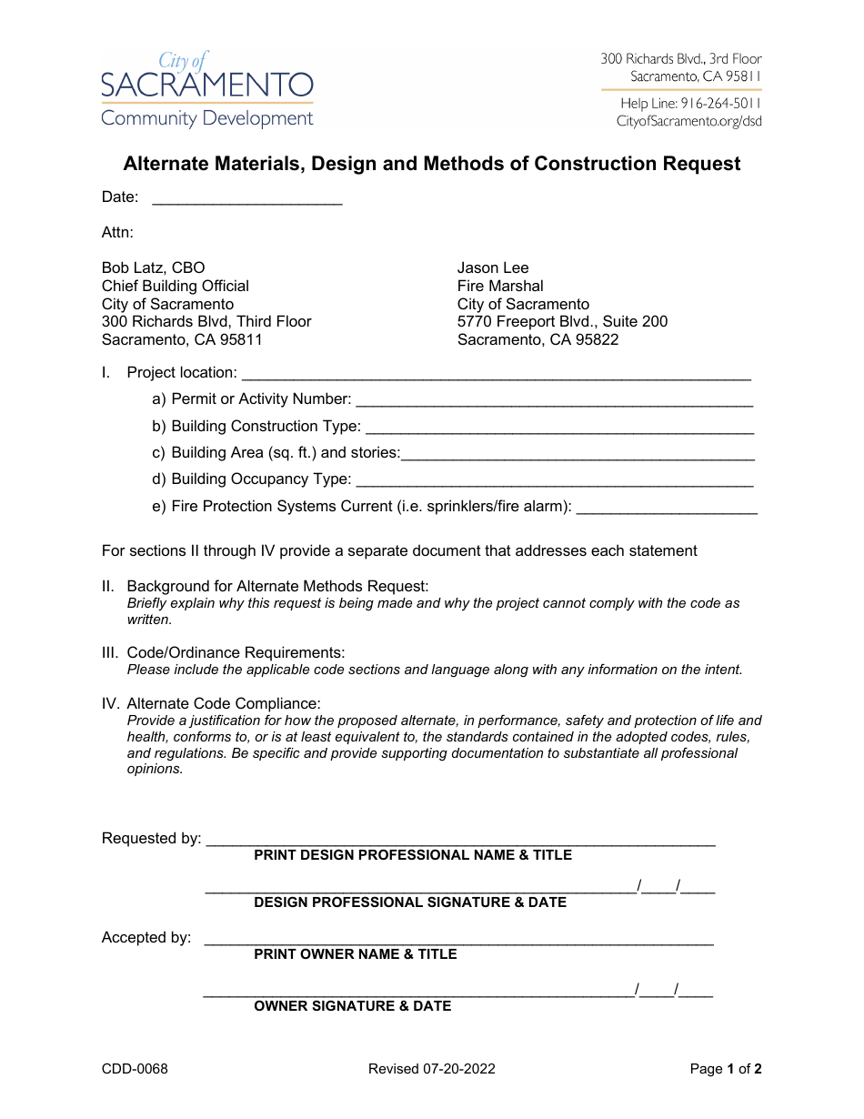 Form CDD-0068 Alternate Materials, Design and Methods of Construction Request - City of Sacramento, California, Page 1