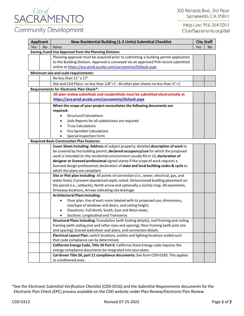 Form CDD-0312 New Residential Building (1-2 Units) Submittal Checklist - City of Sacramento, California, Page 1