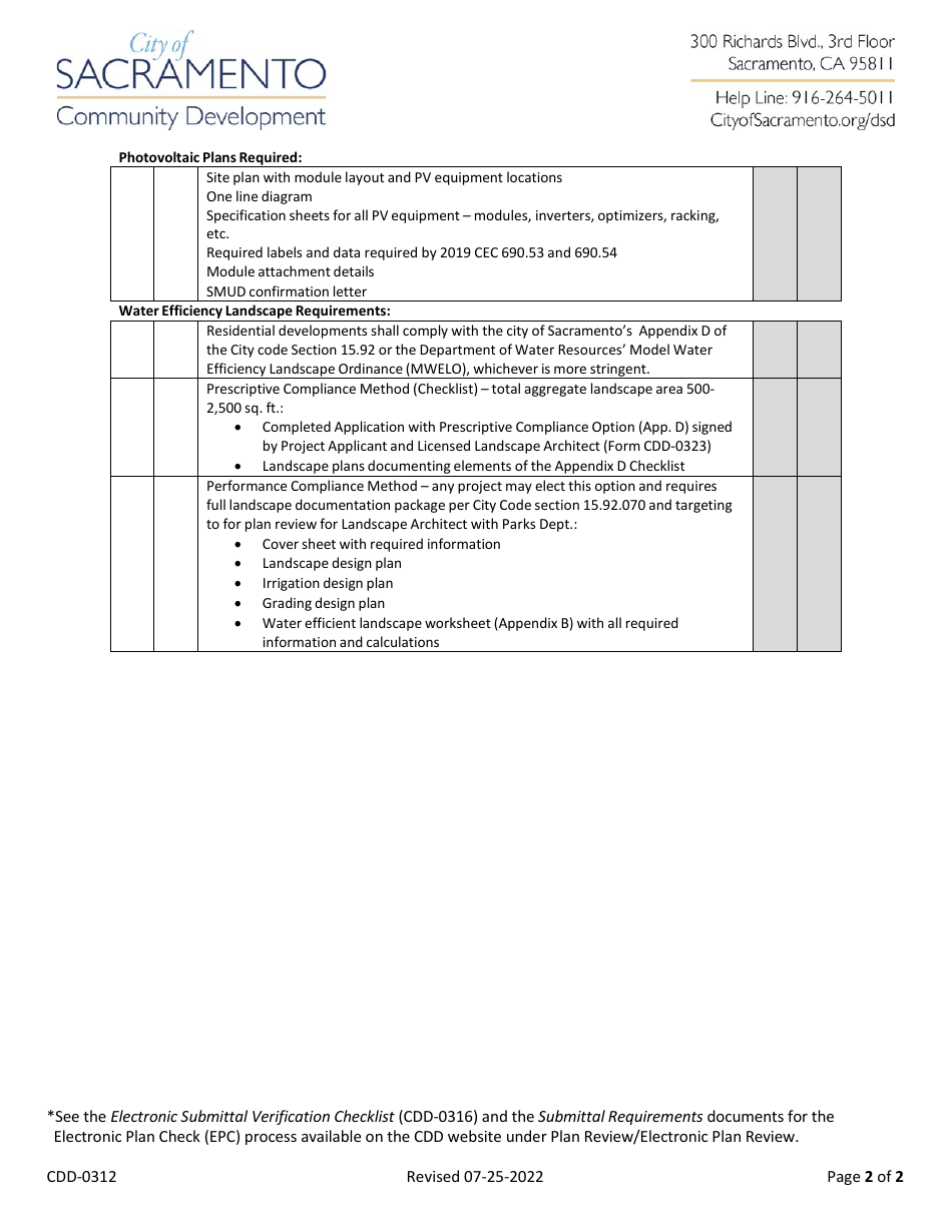 Form CDD-0312 New Residential Building (1-2 Units) Submittal Checklist - City of Sacramento, California, Page 2