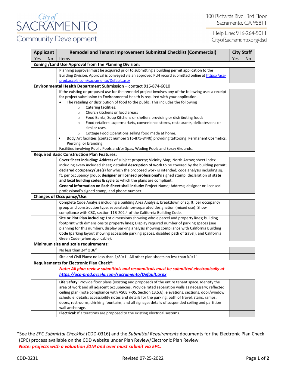 Form CDD-0231 Remodel and Tenant Improvement Submittal Checklist (Commercial) - City of Sacramento, California, Page 1