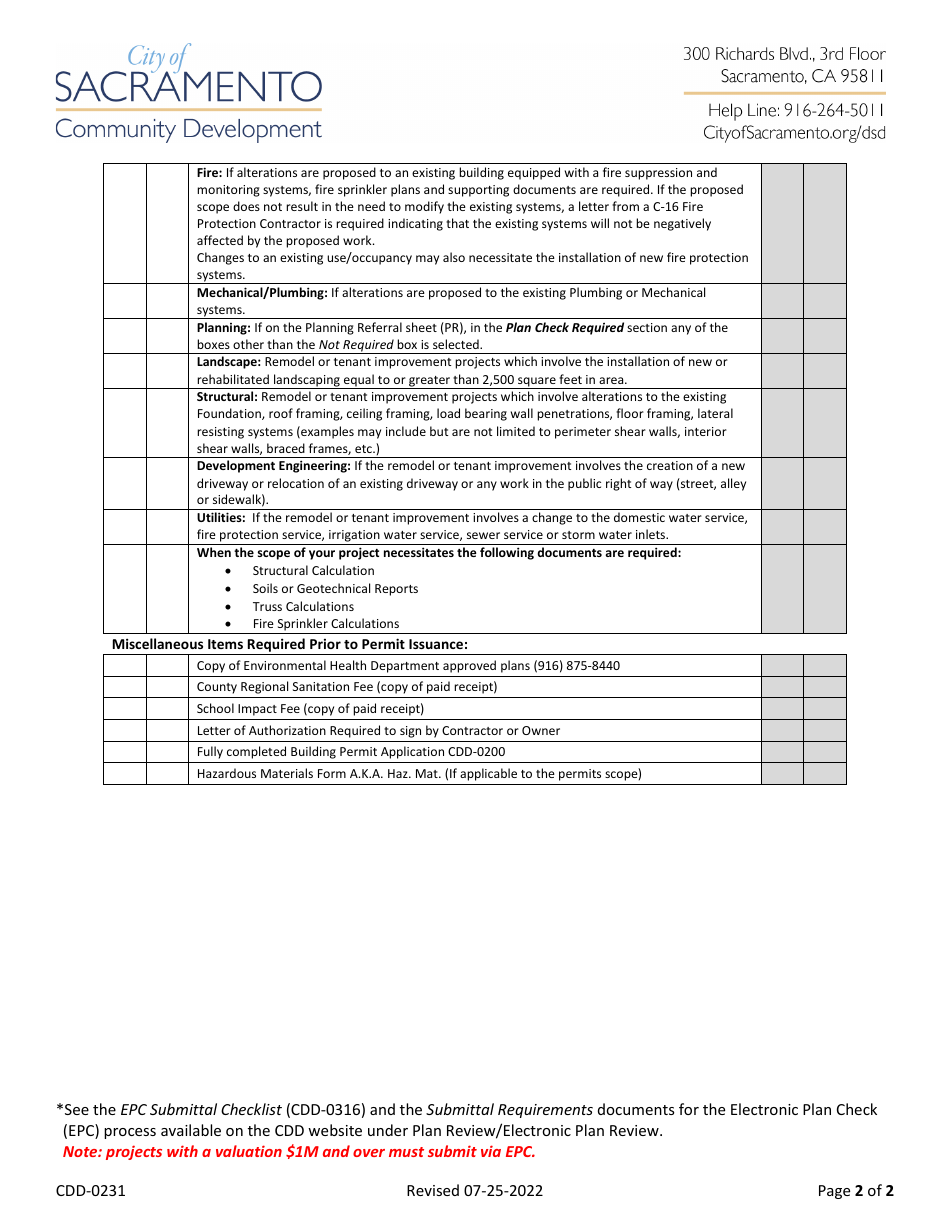 Form CDD-0231 Remodel and Tenant Improvement Submittal Checklist (Commercial) - City of Sacramento, California, Page 2