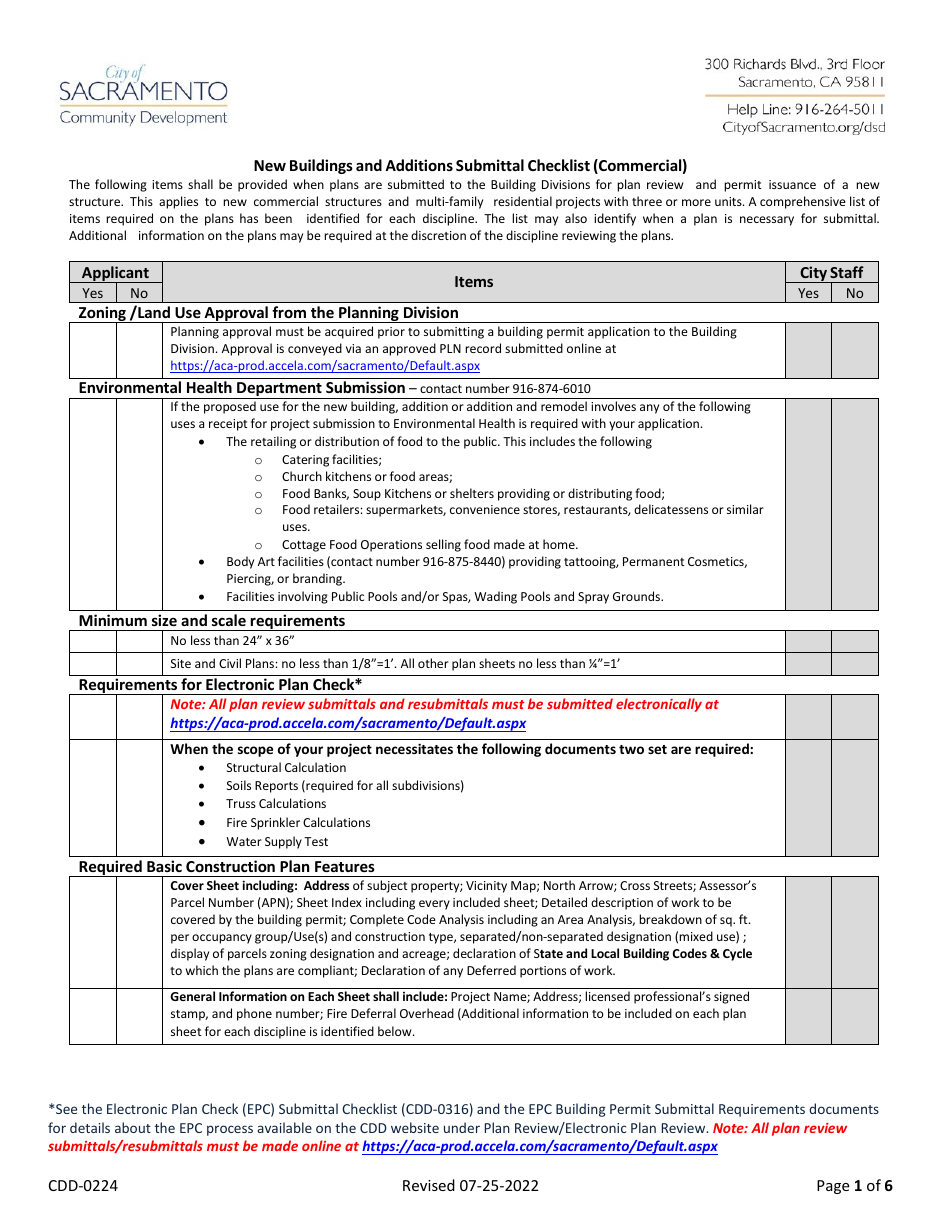 Form CDD-0224 New Buildings and Additions Submittal Checklist (Commercial) - City of Sacramento, California, Page 1