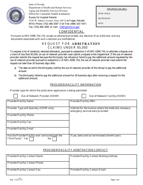 Request for Arbitration Claims Under $5,000 - Nevada Download Pdf