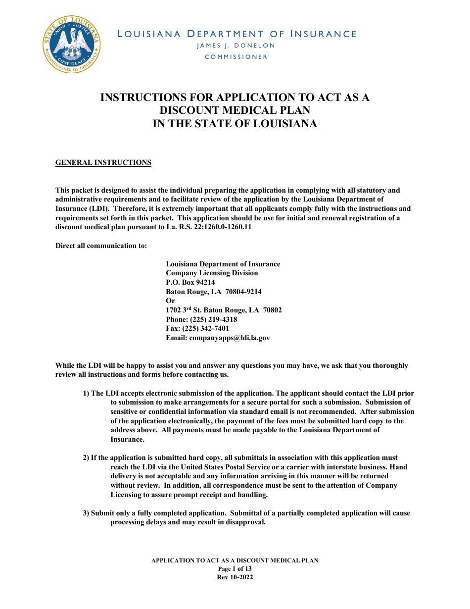 Application to Act as a Discount Medical Plan in the State of Louisiana - Louisiana, Page 1