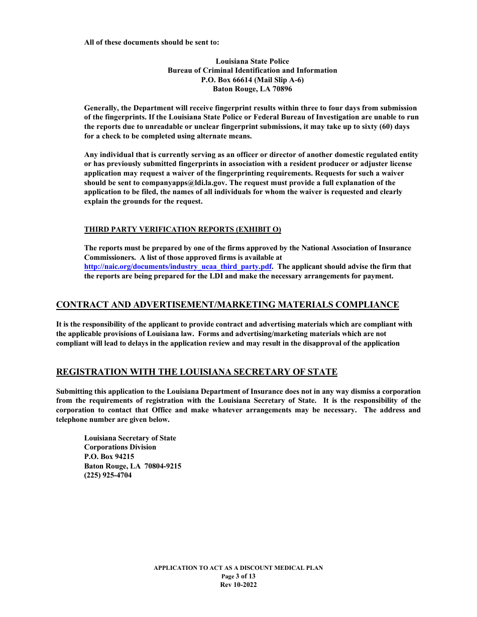 Application to Act as a Discount Medical Plan in the State of Louisiana - Louisiana, Page 3