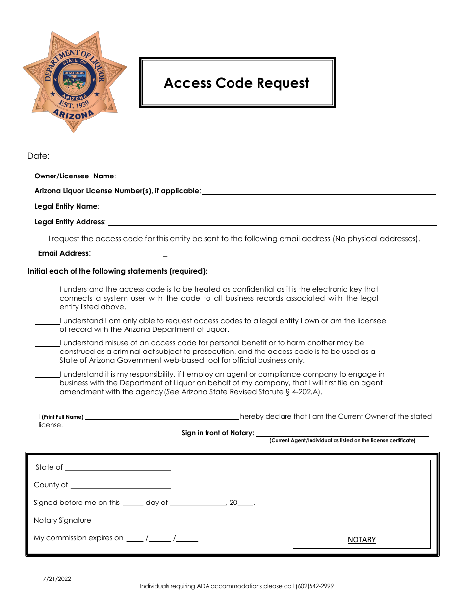 Access Code Request - Arizona, Page 1