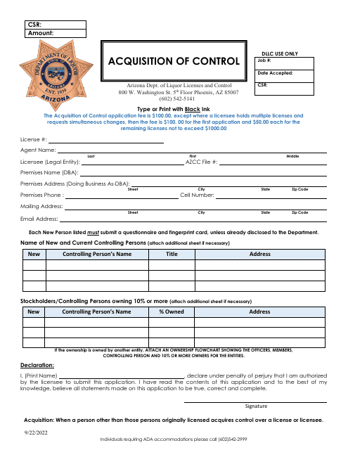Acquisition of Control - Arizona