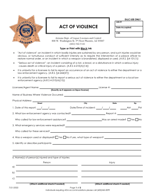 Act of Violence Report - Arizona Download Pdf