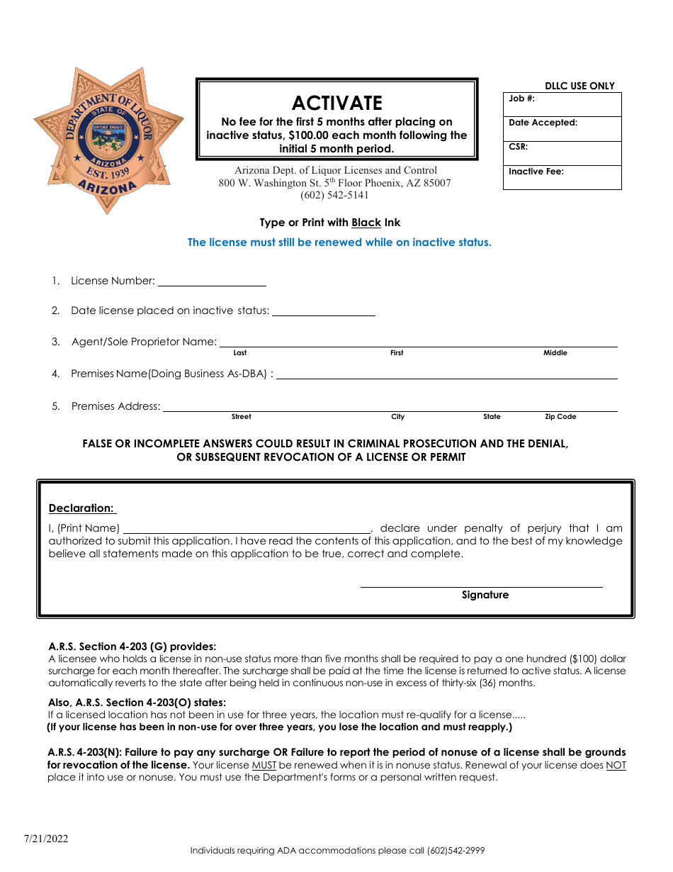 Activate License Application - Arizona, Page 1