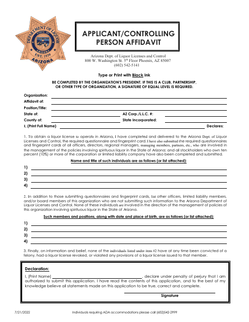 Applicant/Controlling Person Affidavit - Arizona