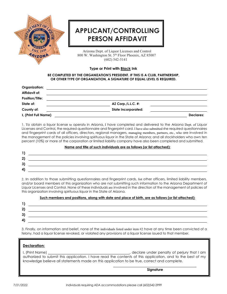 Applicant / Controlling Person Affidavit - Arizona, Page 1