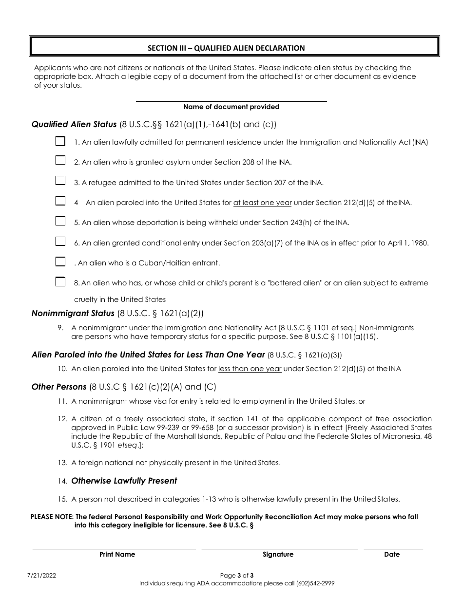 Alien Status Form - Arizona, Page 3