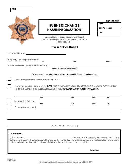 Business Change Name/Information - Arizona