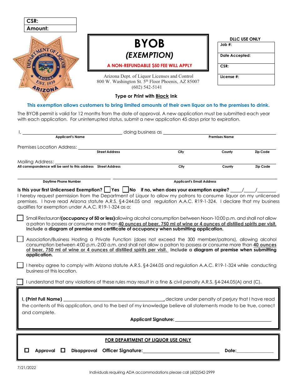 Arizona Byob (Exemption) Fill Out, Sign Online and Download PDF