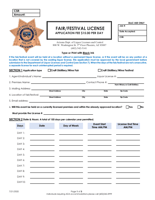 Fair / Festival License Application - Arizona Download Pdf