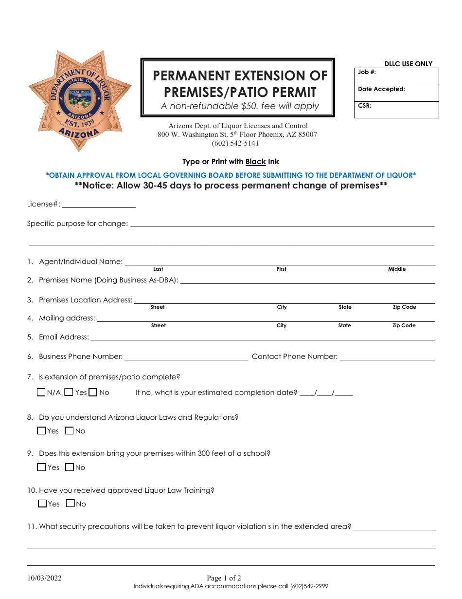 Permanent Extension of Premises / Patio Permit - Arizona, Page 1