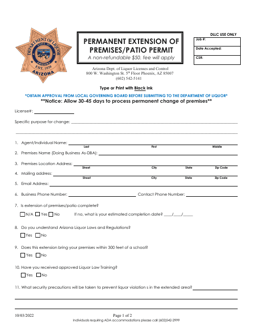 Permanent Extension of Premises / Patio Permit - Arizona Download Pdf
