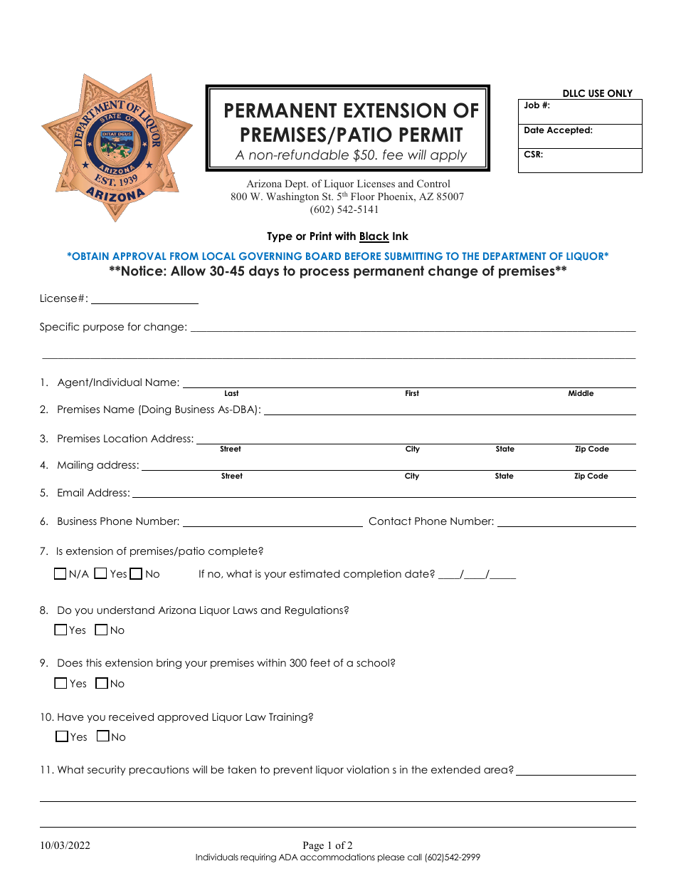 Arizona Permanent Extension of Premises/Patio Permit Fill Out, Sign