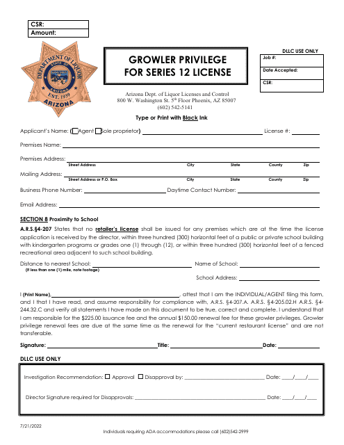 Growler Privilege Application for Series 12 License - Arizona