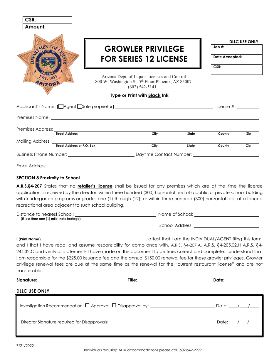 Growler Privilege Application for Series 12 License - Arizona, Page 1