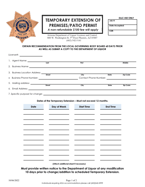 Temporary Extension of Premises / Patio Permit - Arizona Download Pdf