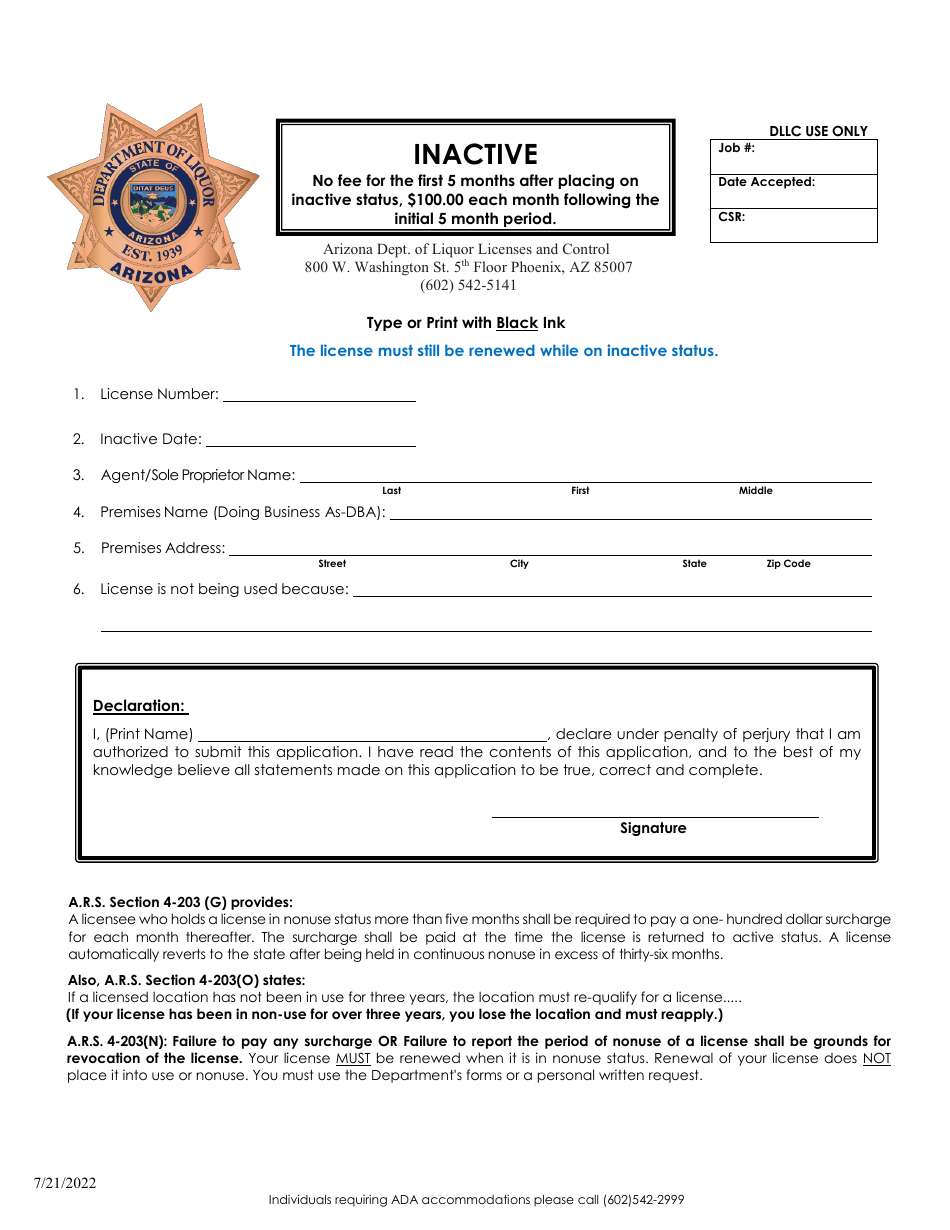 Inactive Status Application - Arizona, Page 1